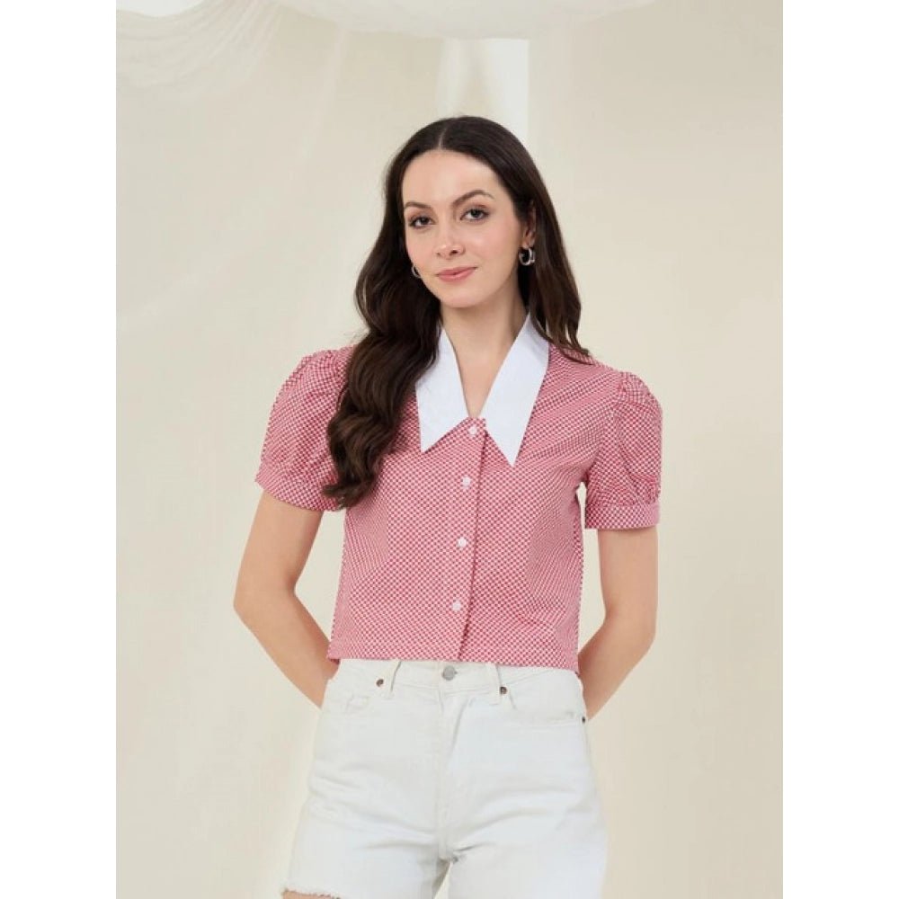 Cotton Checkered Half Sleeve Shirt (Red - White) - Image 2