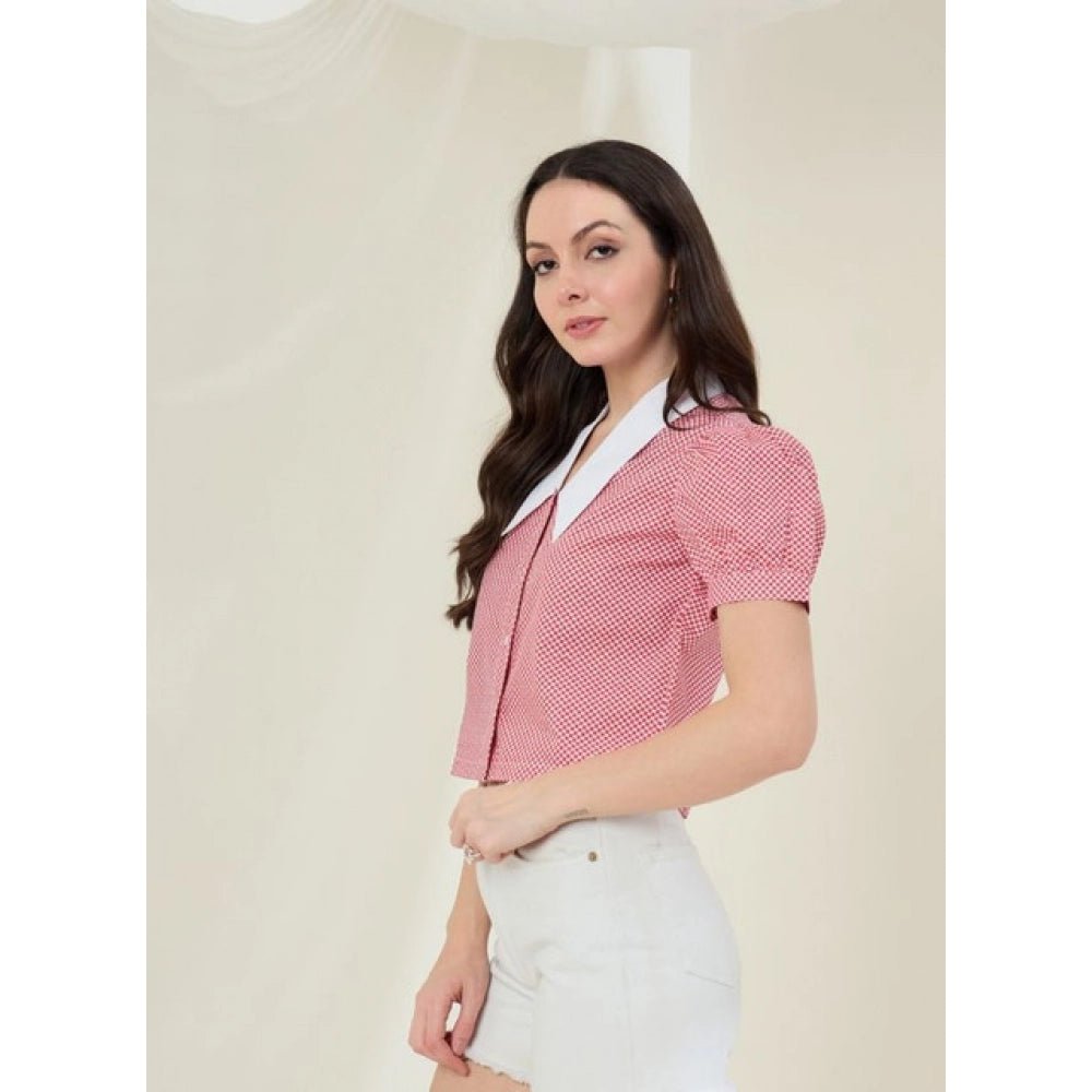Cotton Checkered Half Sleeve Shirt (Red - White) - Image 3