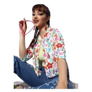 Polyester Floral 3-4th Sleeves Shrug (Multicolor)