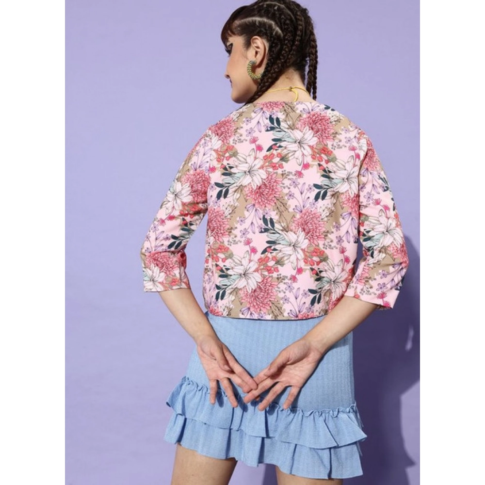 Polyester Floral 3-4th Sleeves Shrug (Peach) - Image 2