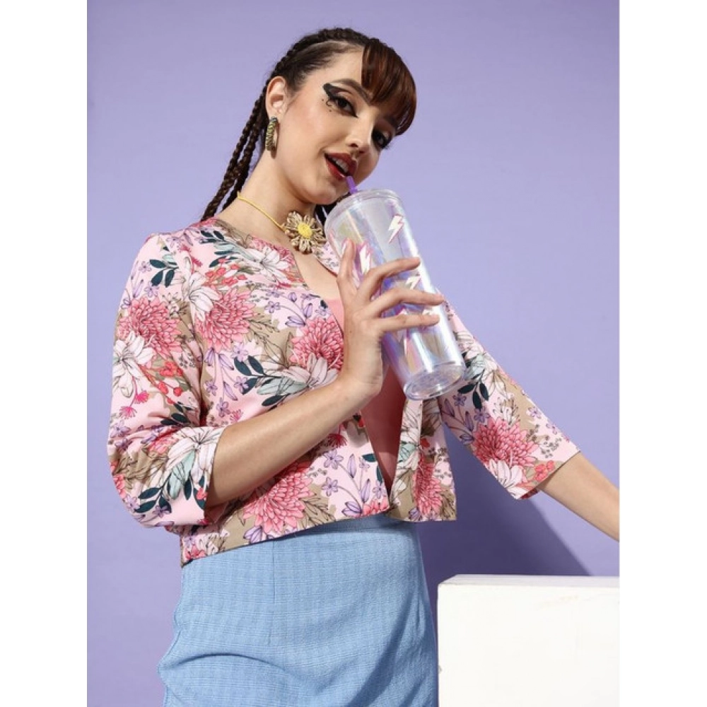Polyester Floral 3-4th Sleeves Shrug (Peach) - Image 3