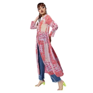 Polyester Floral Long Sleeves Shrug (Pink-Coral)