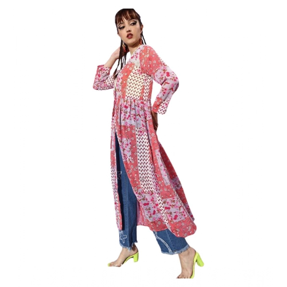 Polyester Floral Long Sleeves Shrug (Pink-Coral)