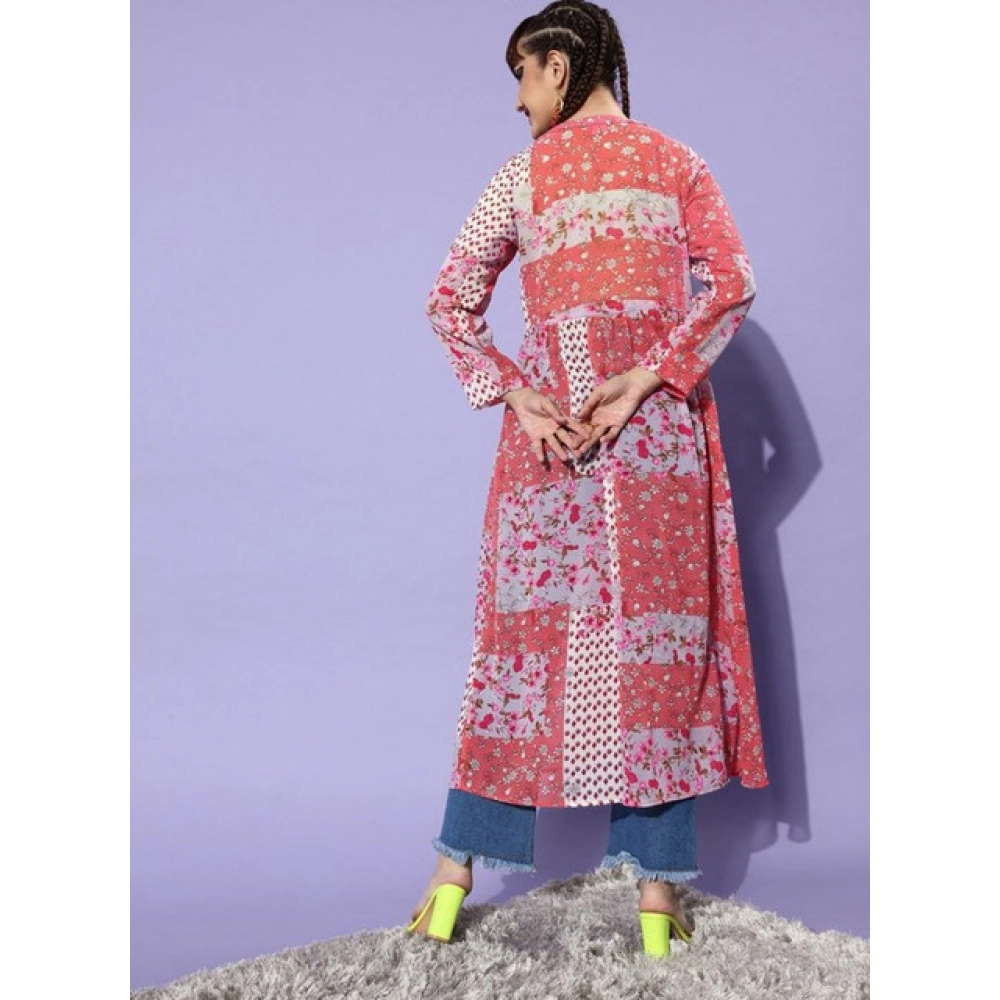Polyester Floral Long Sleeves Shrug (Pink-Coral) - Image 2