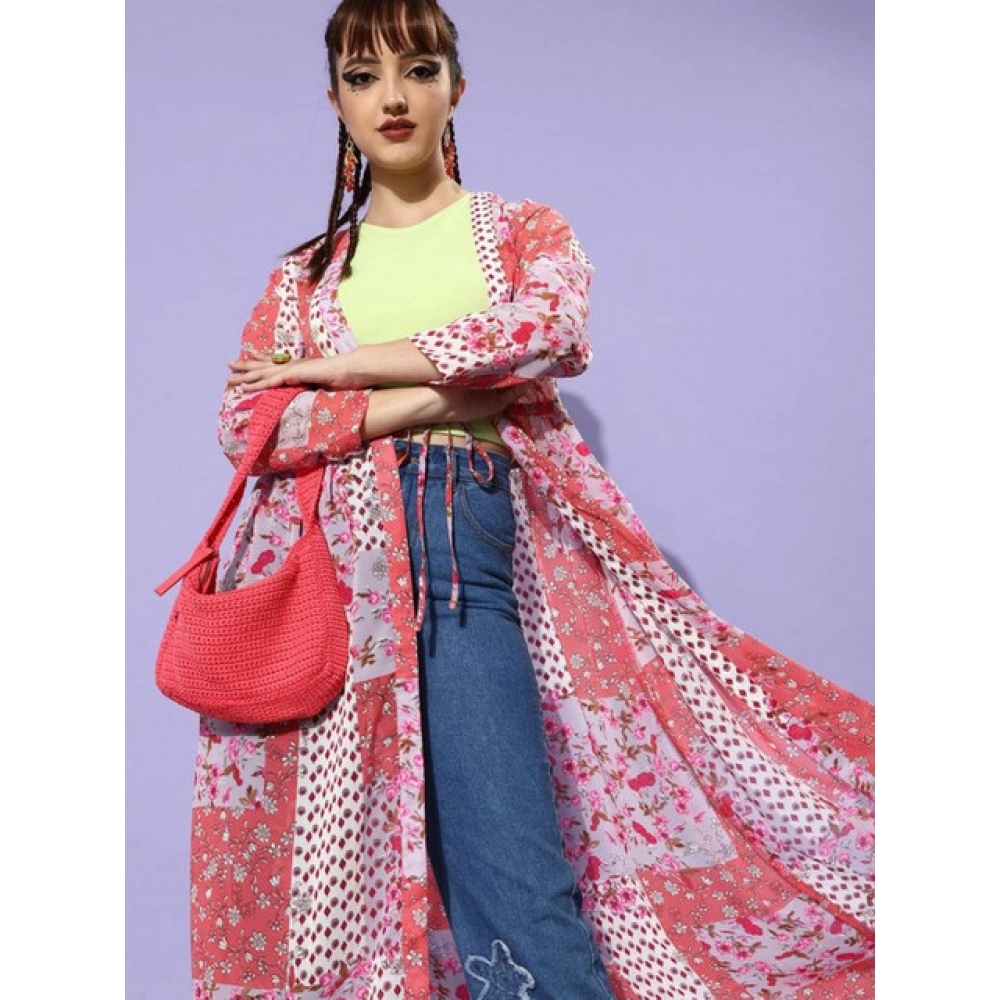 Polyester Floral Long Sleeves Shrug (Pink-Coral) - Image 3