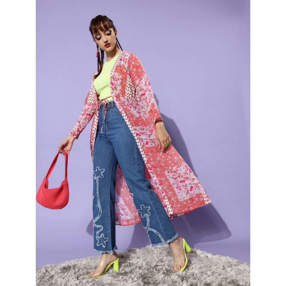 Polyester Floral Long Sleeves Shrug (Pink-Coral) - Image 5