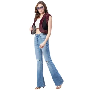 Denim And Fur Solid Sleeveless Shrug (Black - Maroon)