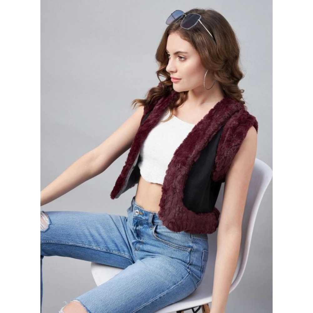 Denim And Fur Solid Sleeveless Shrug (Black - Maroon) - Image 2