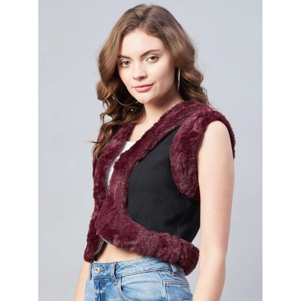 Denim And Fur Solid Sleeveless Shrug (Black - Maroon) - Image 3
