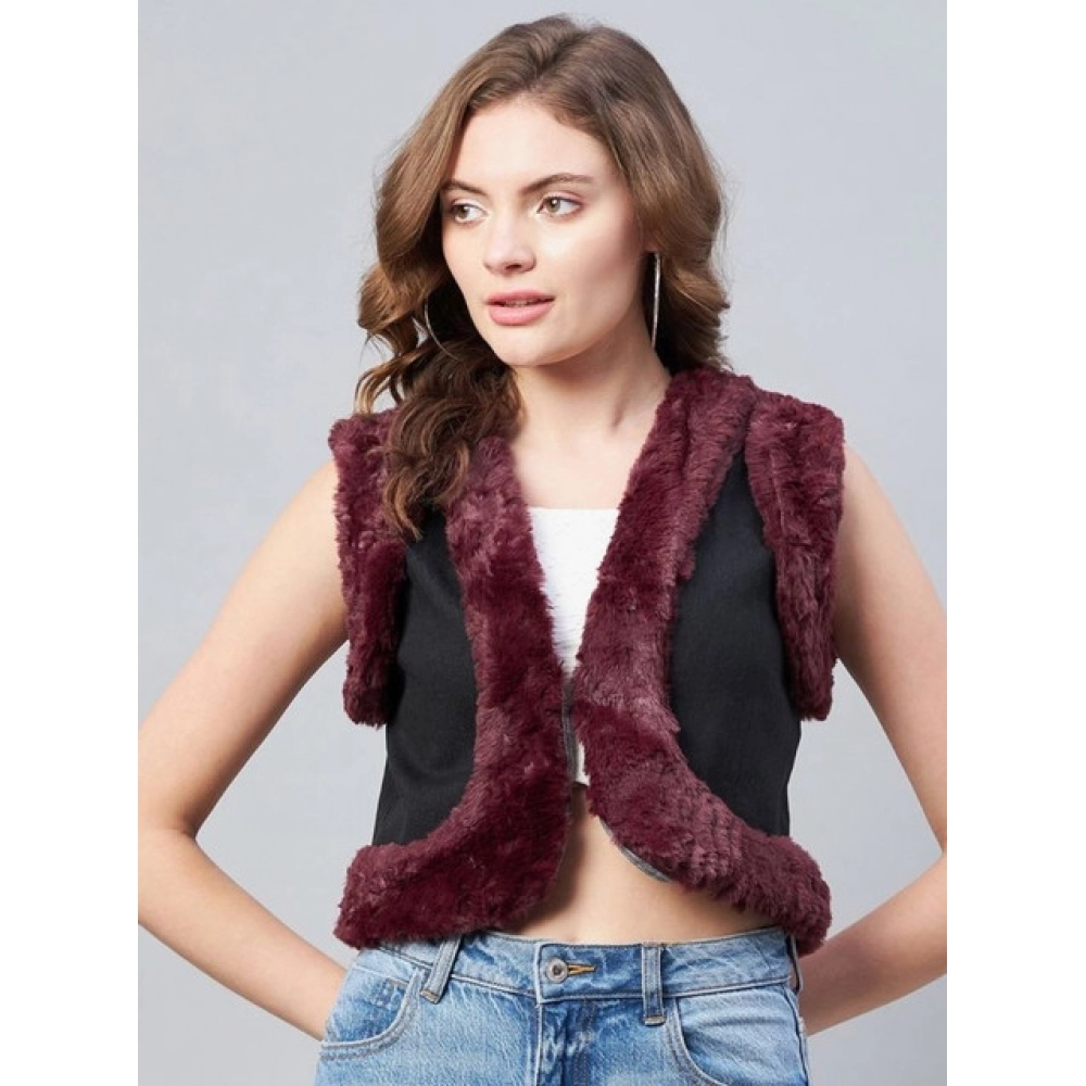 Denim And Fur Solid Sleeveless Shrug (Black - Maroon) - Image 5