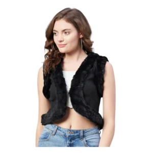 Denim And Fur Solid Sleeveless Shrug (Black)