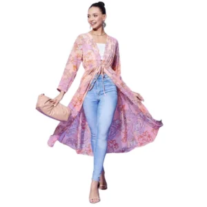 Polyester Floral Long Sleeves Shrug (Peach)