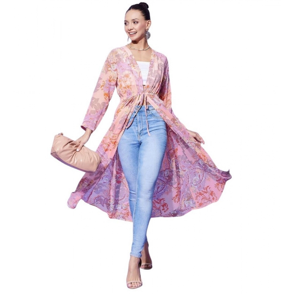 Polyester Floral Long Sleeves Shrug (Peach)