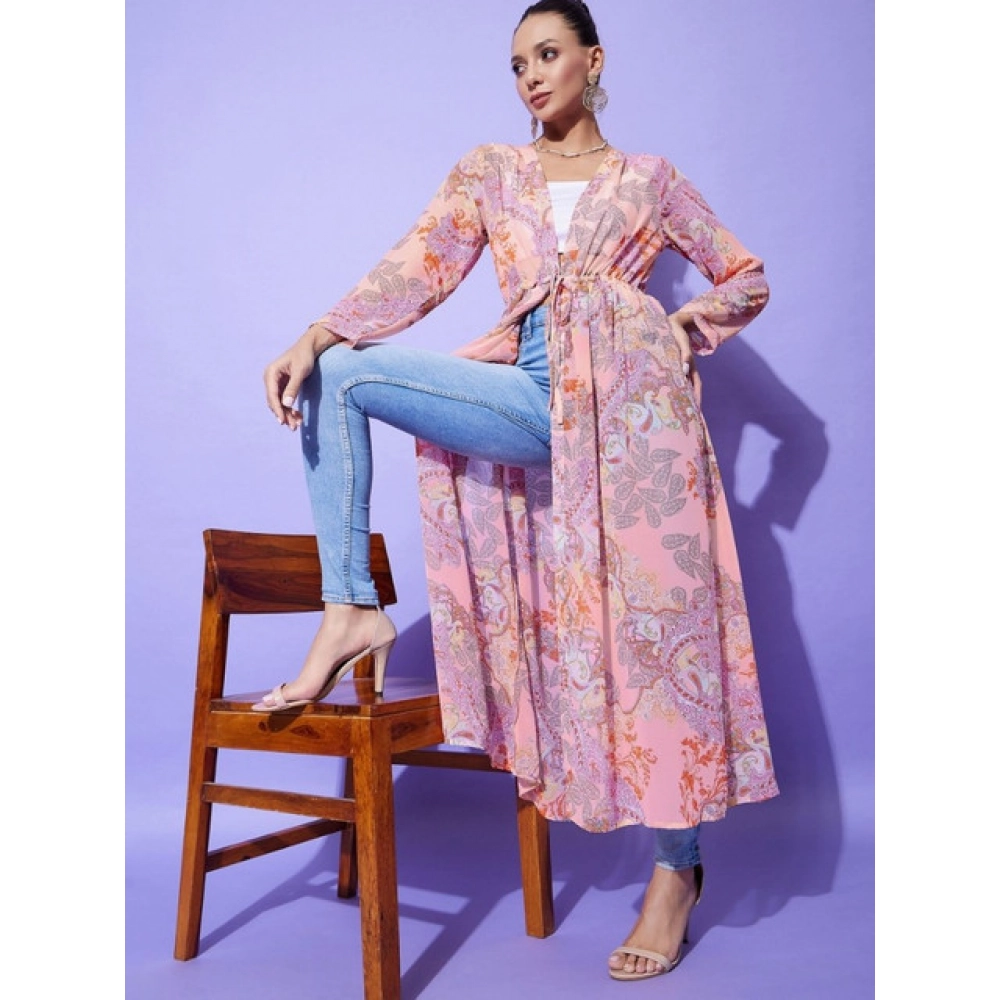 Polyester Floral Long Sleeves Shrug (Peach) - Image 2
