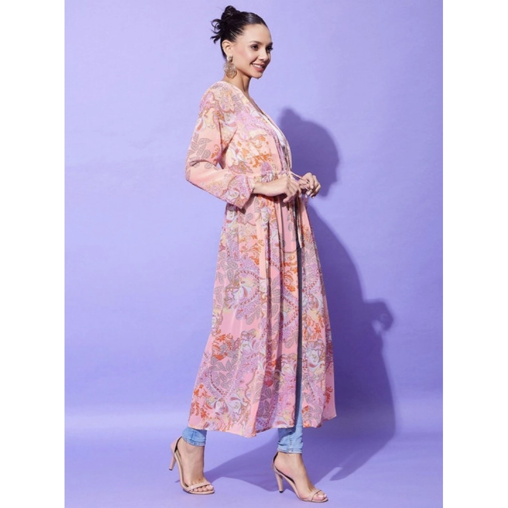 Polyester Floral Long Sleeves Shrug (Peach) - Image 5
