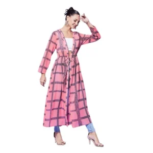 Polyester Check Long Sleeves Shrug (Pink)
