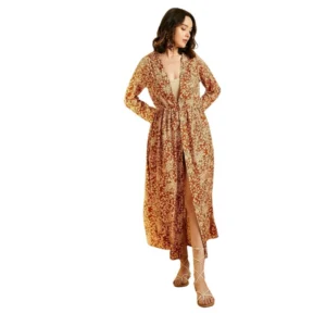 Polyester Floral Long Sleeves Shrug (Brown)