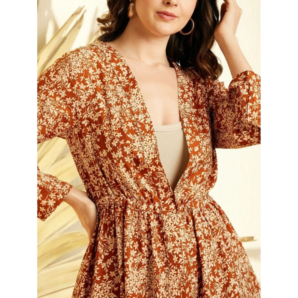Polyester Floral Long Sleeves Shrug (Brown) - Image 5