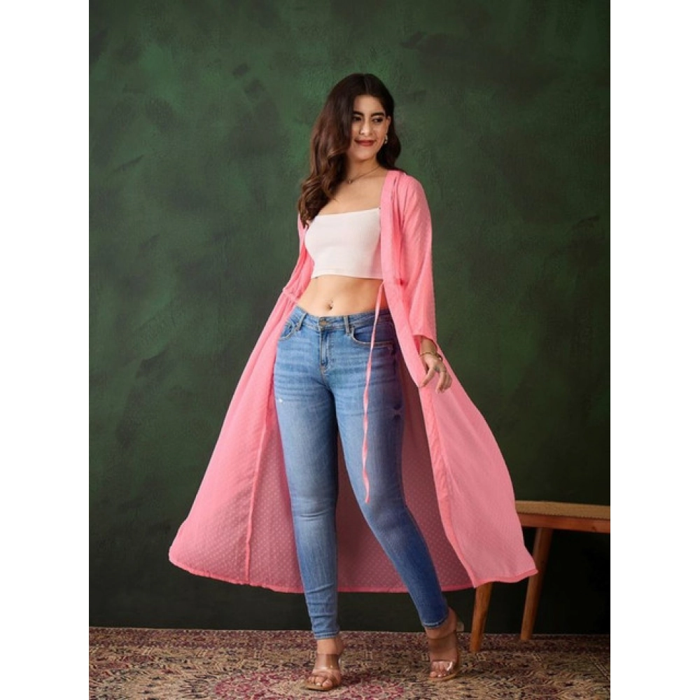 Chiffon Self Design Long Sleeves Shrug (Pink) - Image 2