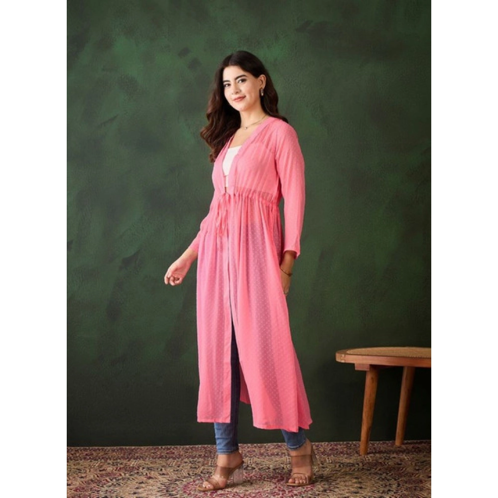 Chiffon Self Design Long Sleeves Shrug (Pink) - Image 3