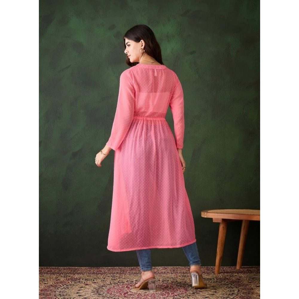 Chiffon Self Design Long Sleeves Shrug (Pink) - Image 5