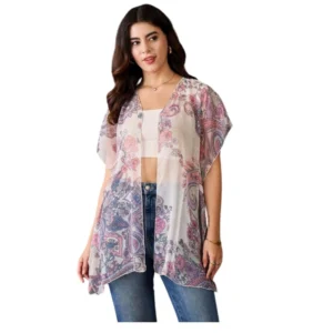 Chiffon Printed Short Sleeves Shrug (White - Purple)
