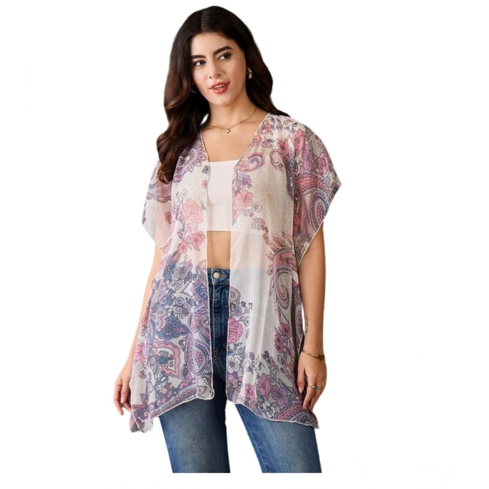 Chiffon Printed Short Sleeves Shrug (White - Purple)