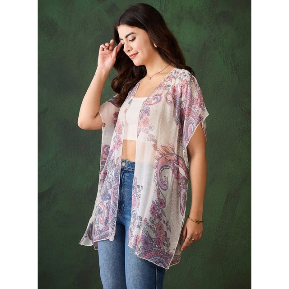 Chiffon Printed Short Sleeves Shrug (White - Purple) - Image 2