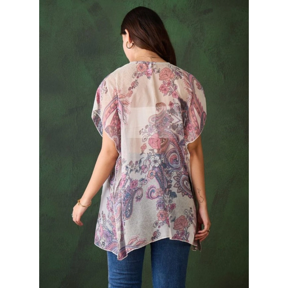 Chiffon Printed Short Sleeves Shrug (White - Purple) - Image 3