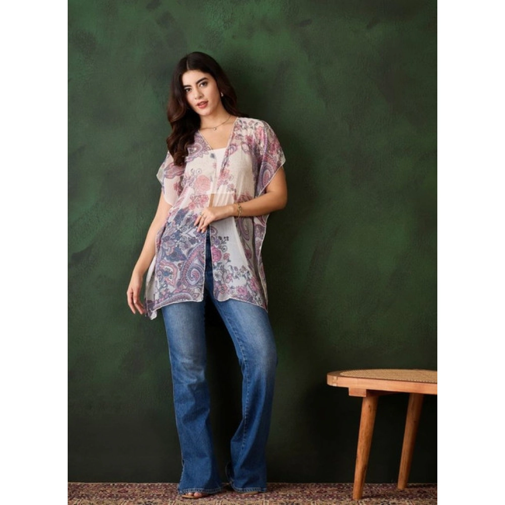 Chiffon Printed Short Sleeves Shrug (White - Purple) - Image 5