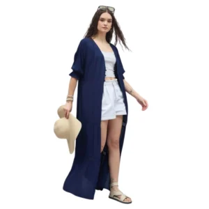 Rayon Crepe Lace Inserts 3-4th Sleeve Shrug (Navy)