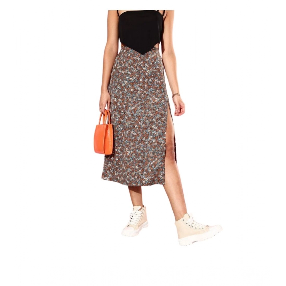 Polyester Floral Side Zip Skirt (Grey - Coral)