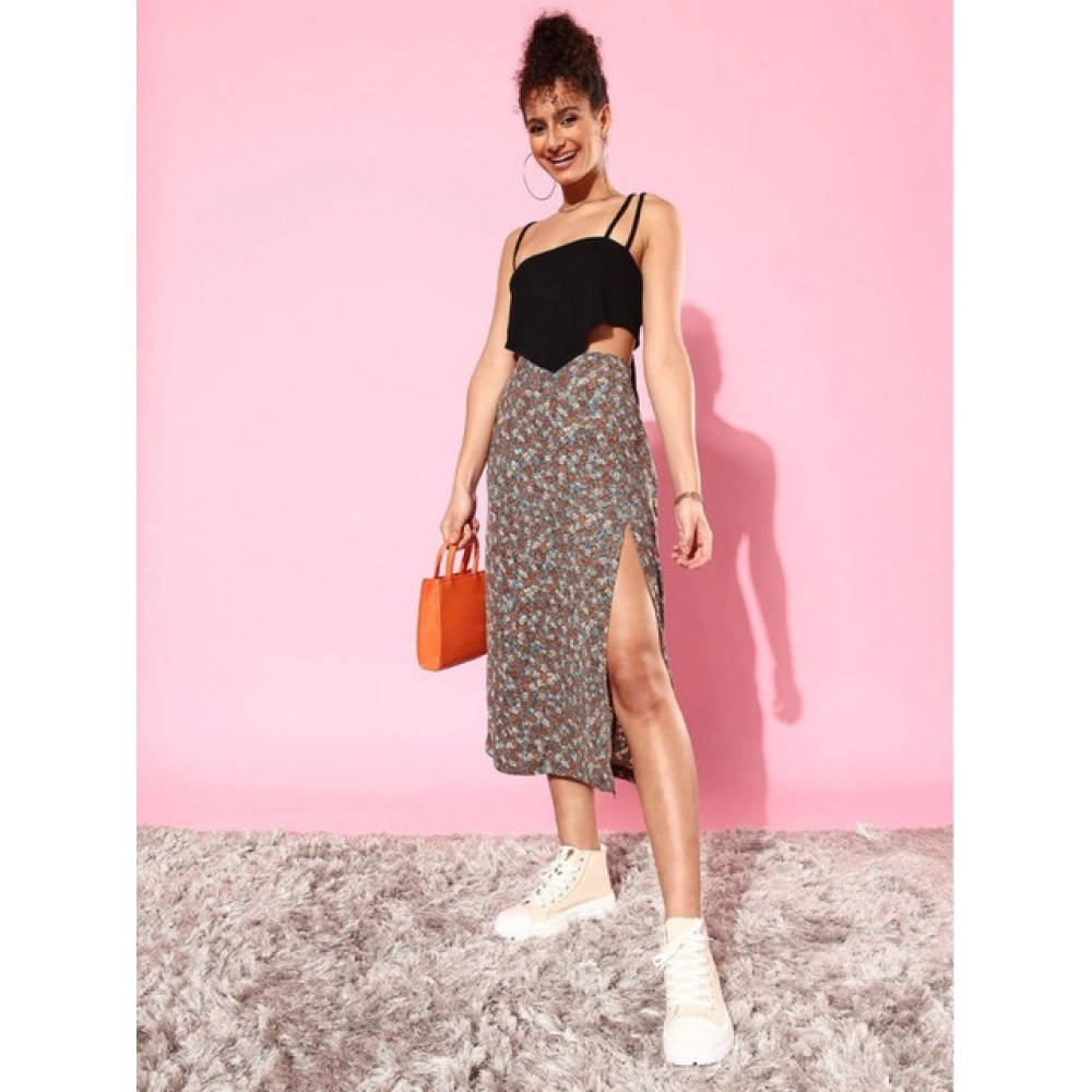 Polyester Floral Side Zip Skirt (Grey - Coral) - Image 5