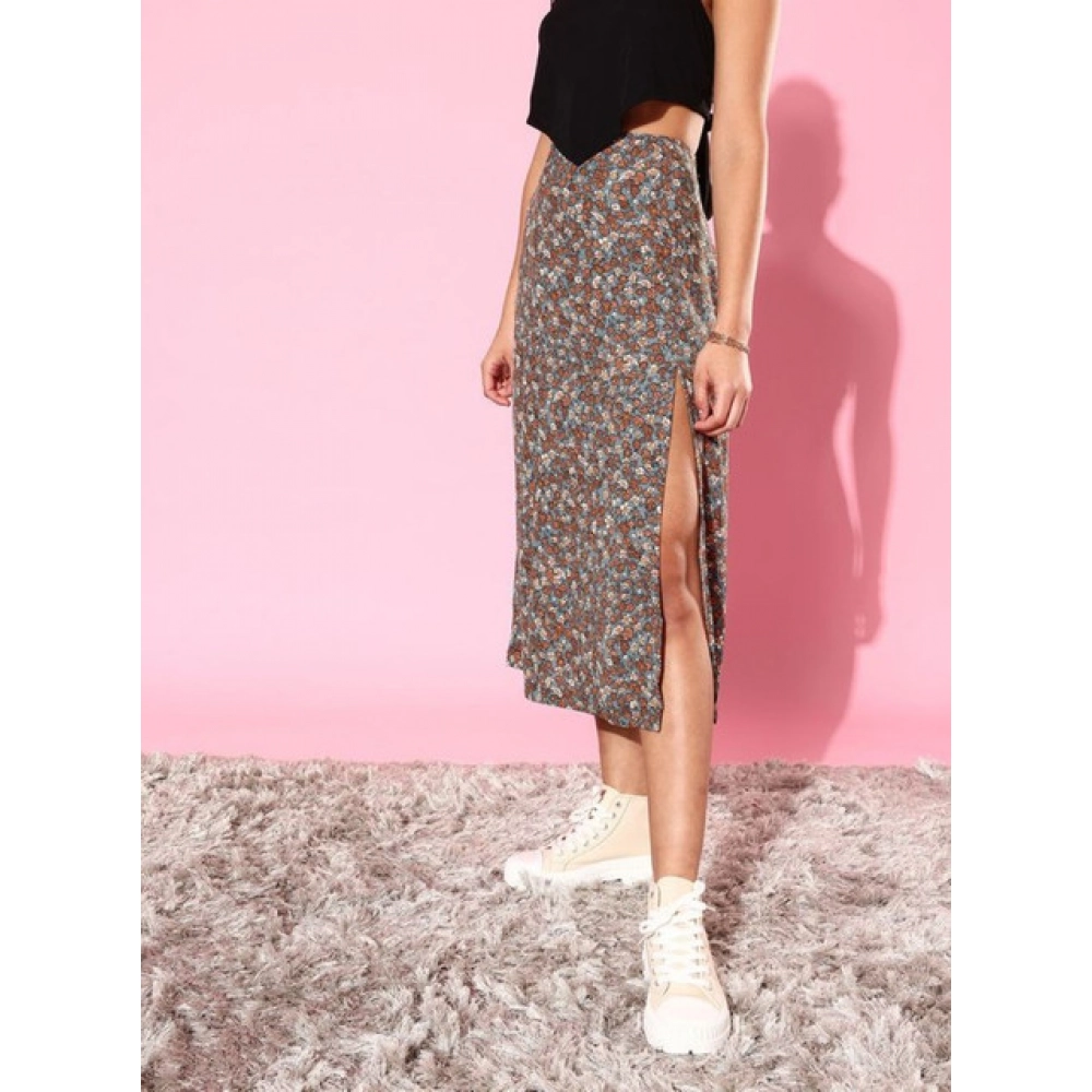 Polyester Floral Side Zip Skirt (Grey - Coral) - Image 4