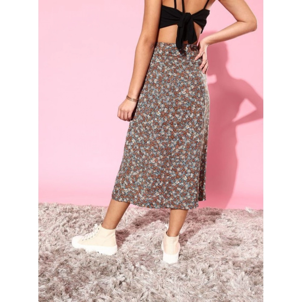 Polyester Floral Side Zip Skirt (Grey - Coral) - Image 3