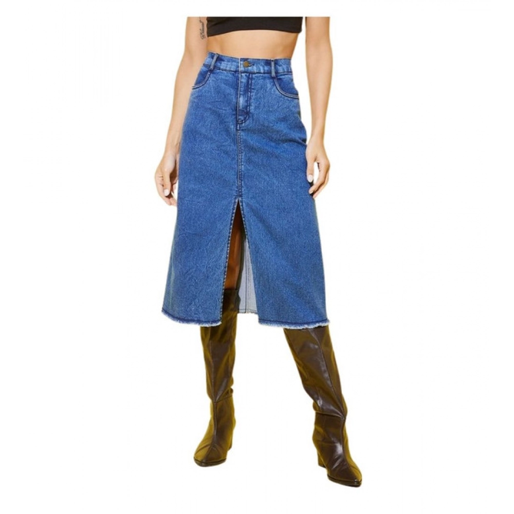 Denim Solid Buttoned Skirt (Blue)