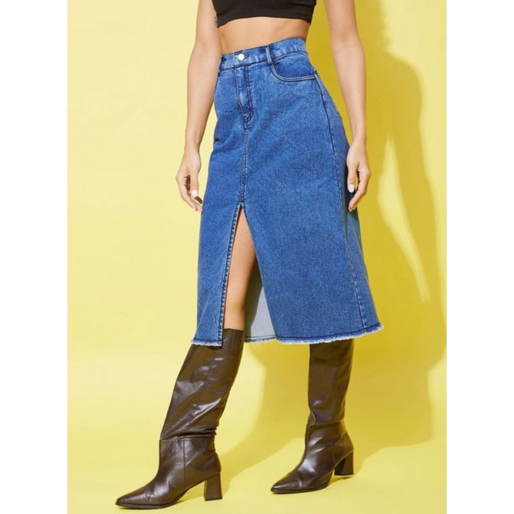 Denim Solid Buttoned Skirt (Blue) - Image 3