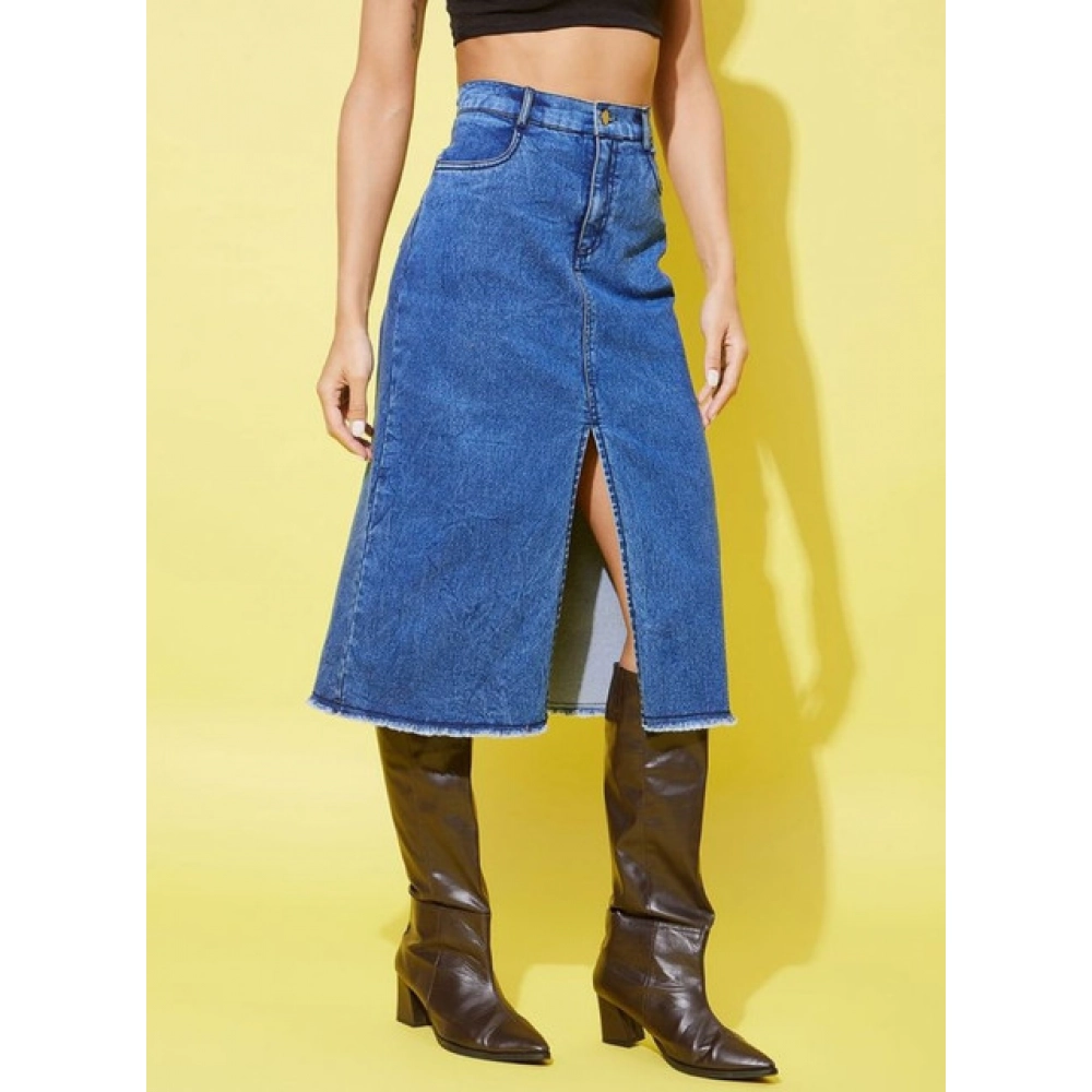 Denim Solid Buttoned Skirt (Blue) - Image 4