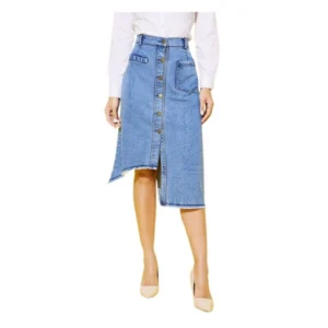 Denim Hi Lo Buttoned Skirt (Blue)