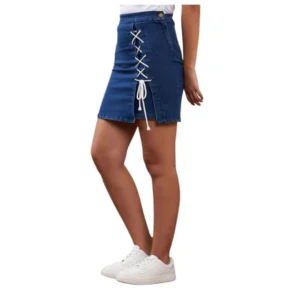 Denim Lycra Solid Button Skirt (Blue)