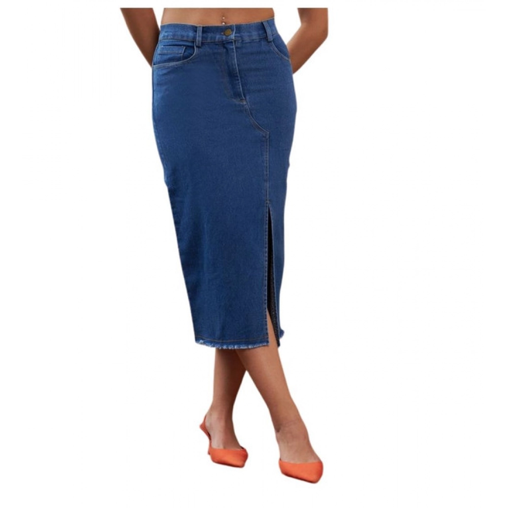 Denim Lycra Solid Button Skirt (Blue)