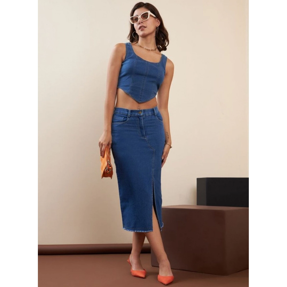 Denim Lycra Solid Button Skirt (Blue) - Image 3