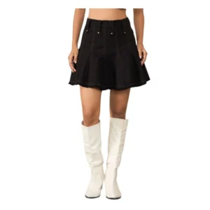 Denim Washed Buttoned Skirt (Black)