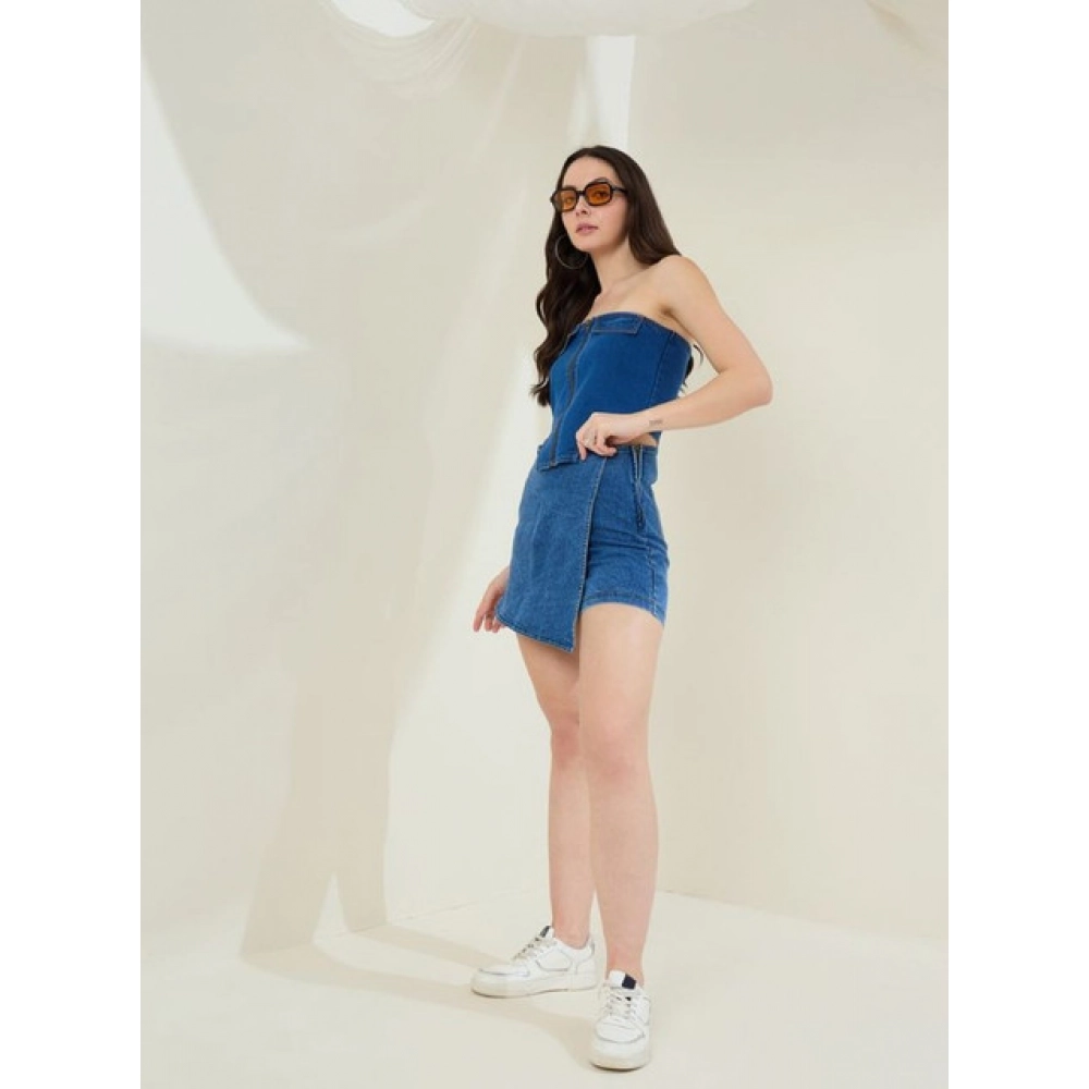 Denim Lycra Solid Zip Closure Skorts (Blue) - Image 2
