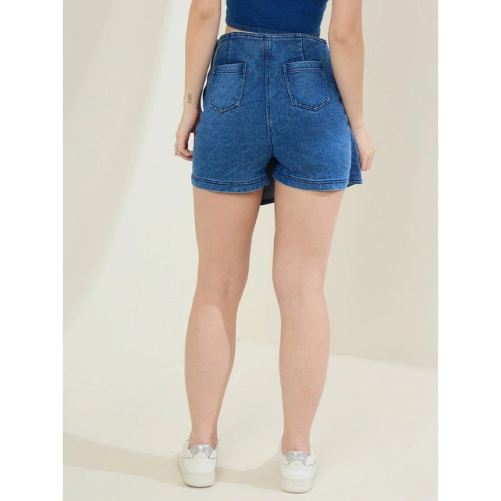 Denim Lycra Solid Zip Closure Skorts (Blue) - Image 3