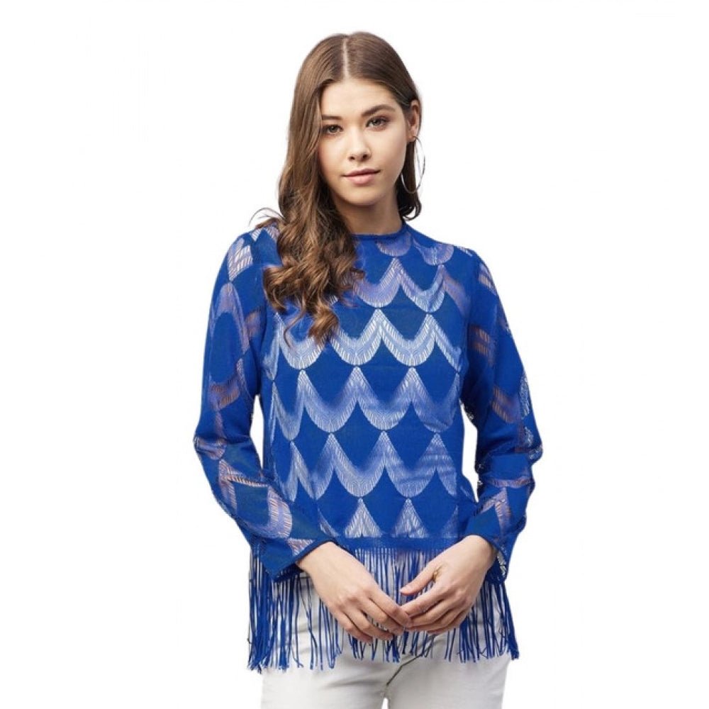 Lace Self Design Long Sleeves Top (Blue)