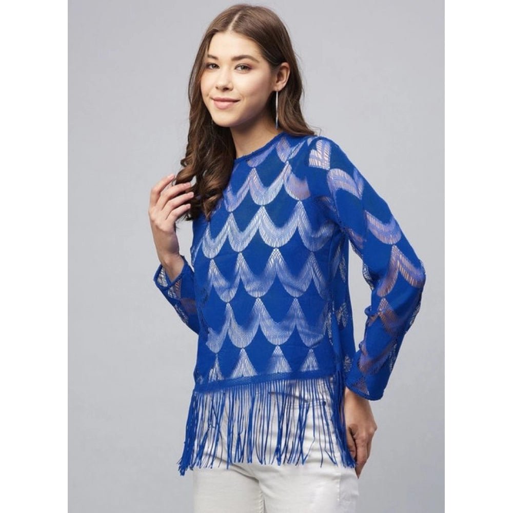 Lace Self Design Long Sleeves Top (Blue) - Image 4