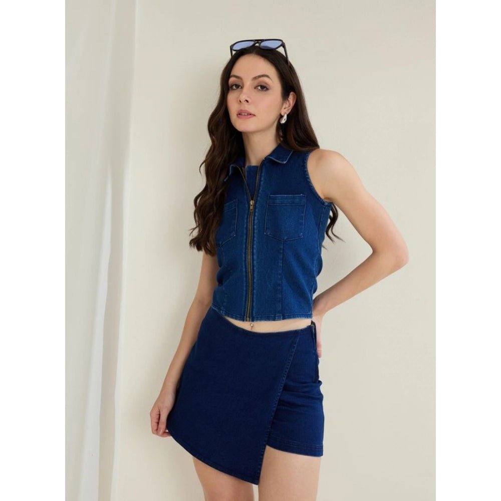 Denim Lycra Solid Sleeveless Top (Blue) - Image 2