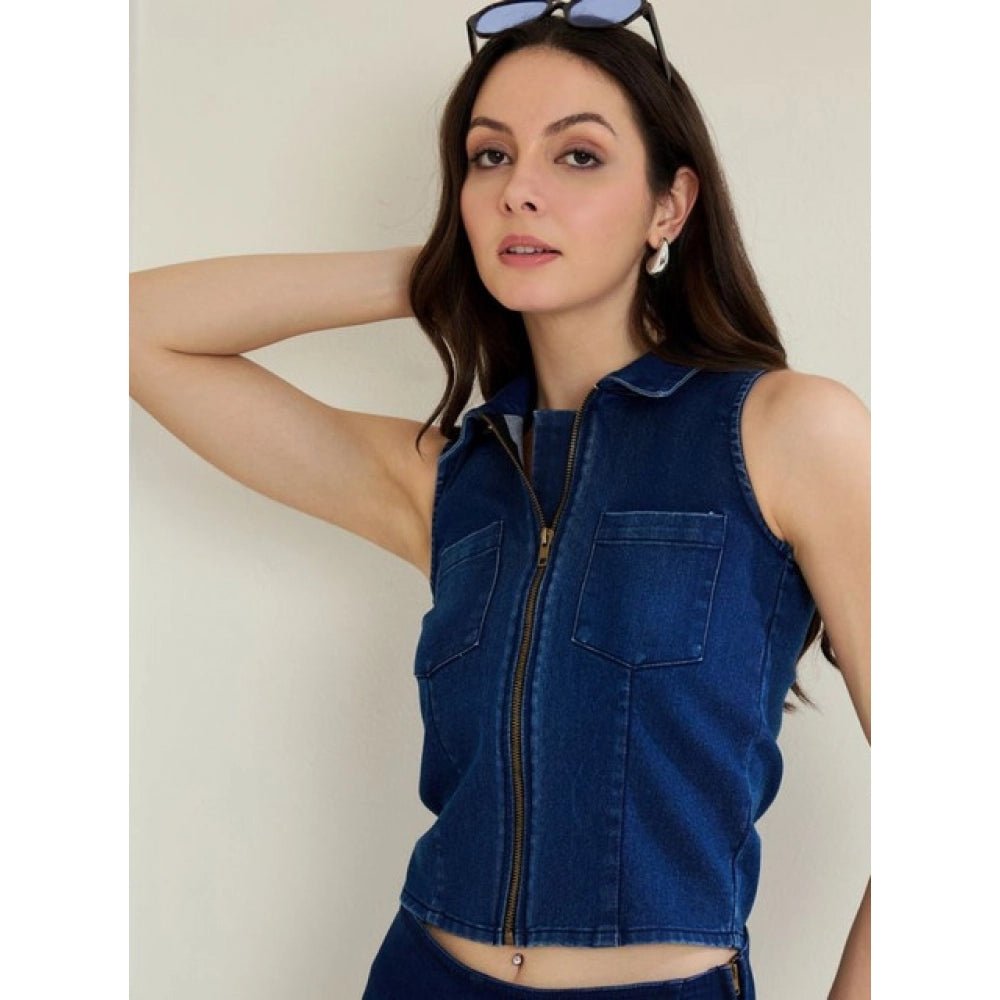 Denim Lycra Solid Sleeveless Top (Blue) - Image 3