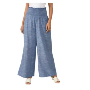 Cotton Self Design Smocked Trousers (Blue)